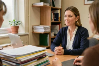 Travailleuse sociale à son bureau accompagnant un bénéficiaire dans un bureau d'accueil social au 60 rue des Frères Flavien Paris 20
