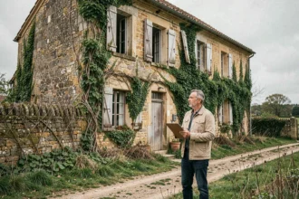 Homme examinant une maison abandonnée en pierre en milieu rural, vue extérieure avec végétation envahissante