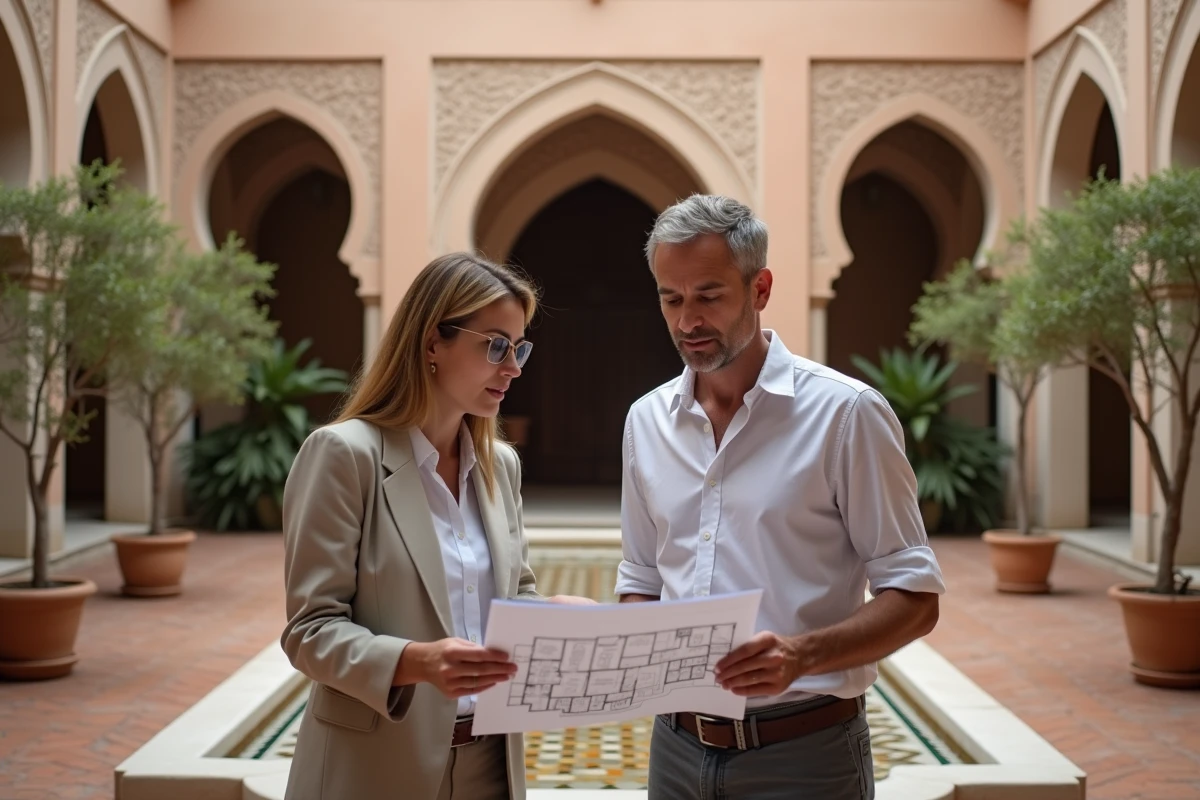 Couple d'acheteurs européens visitant le patio d'un riad à vendre à Marrakech