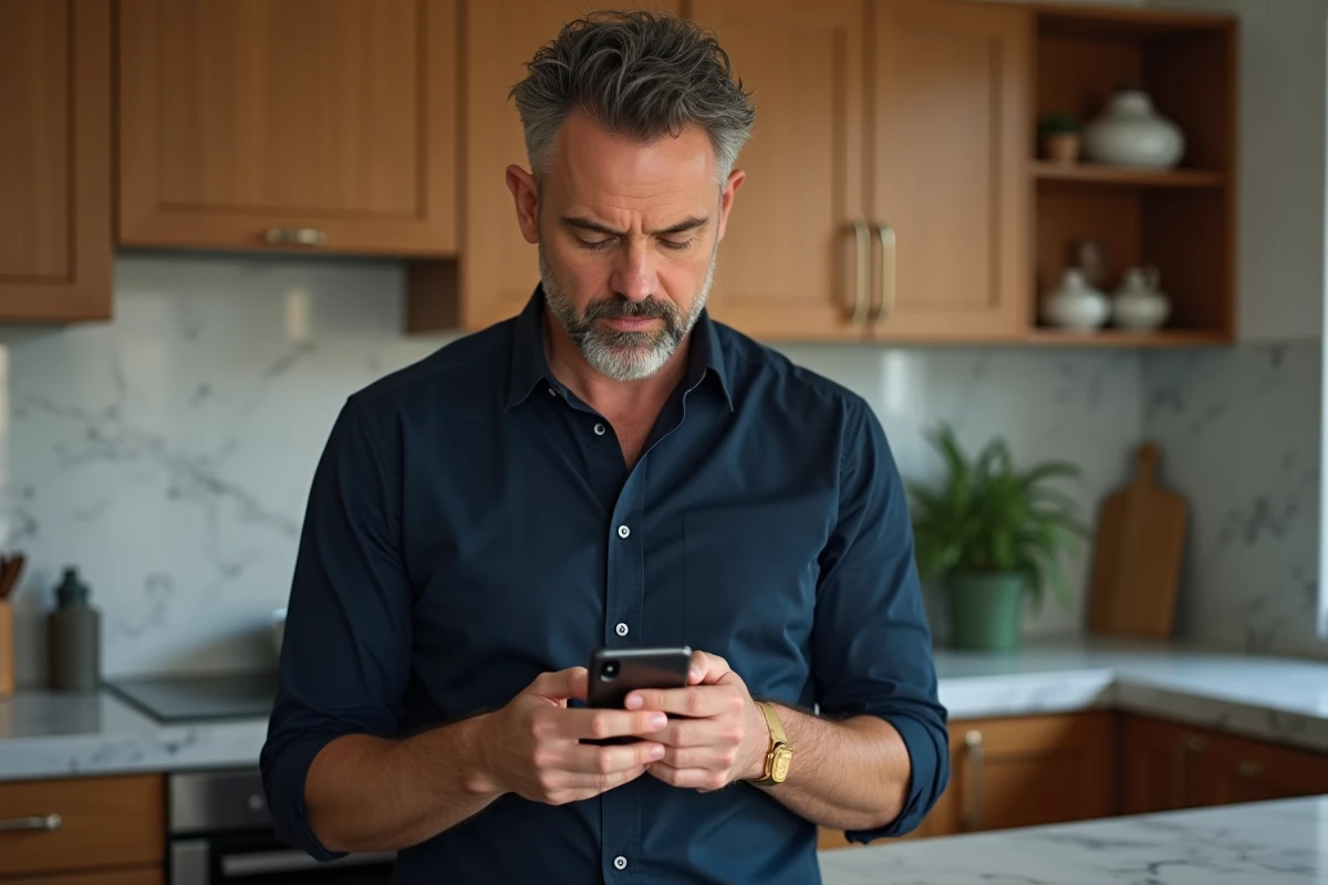 Homme activant son compte MyFoncia via confirmation par téléphone portable dans une cuisine moderne