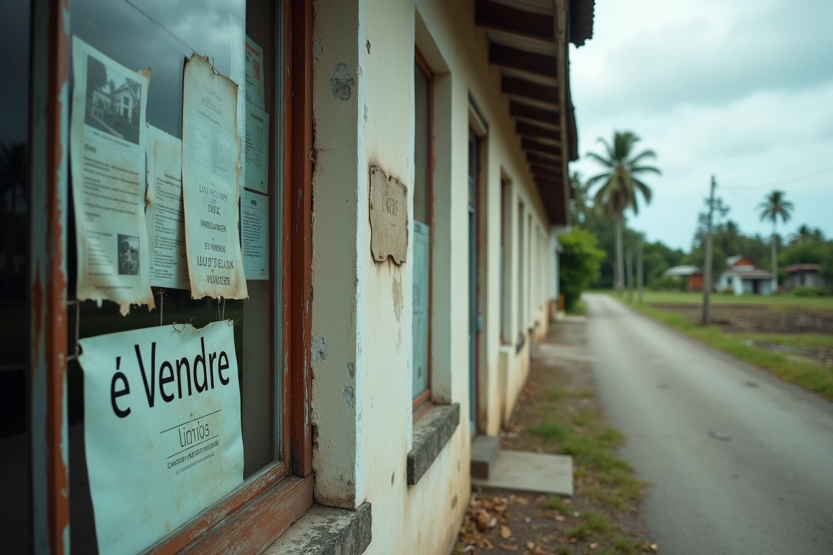 Agence immobilière à l'île Maurice avec des annonces dépassées et des terrains abandonnés visibles dans la rue, signaux d'alerte pour les investisseurs