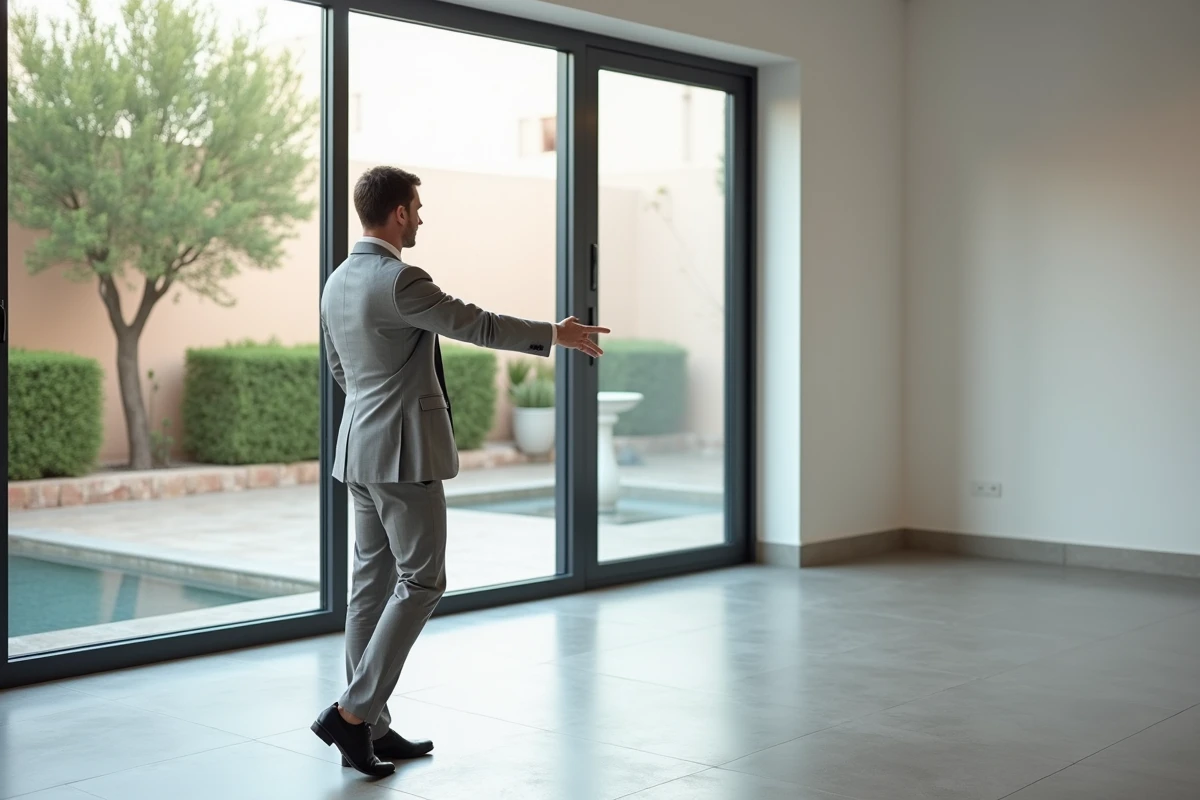 Agent immobilier présentant un appartement neuf à vendre à Guéliz, Marrakech, à un acheteur expatrié