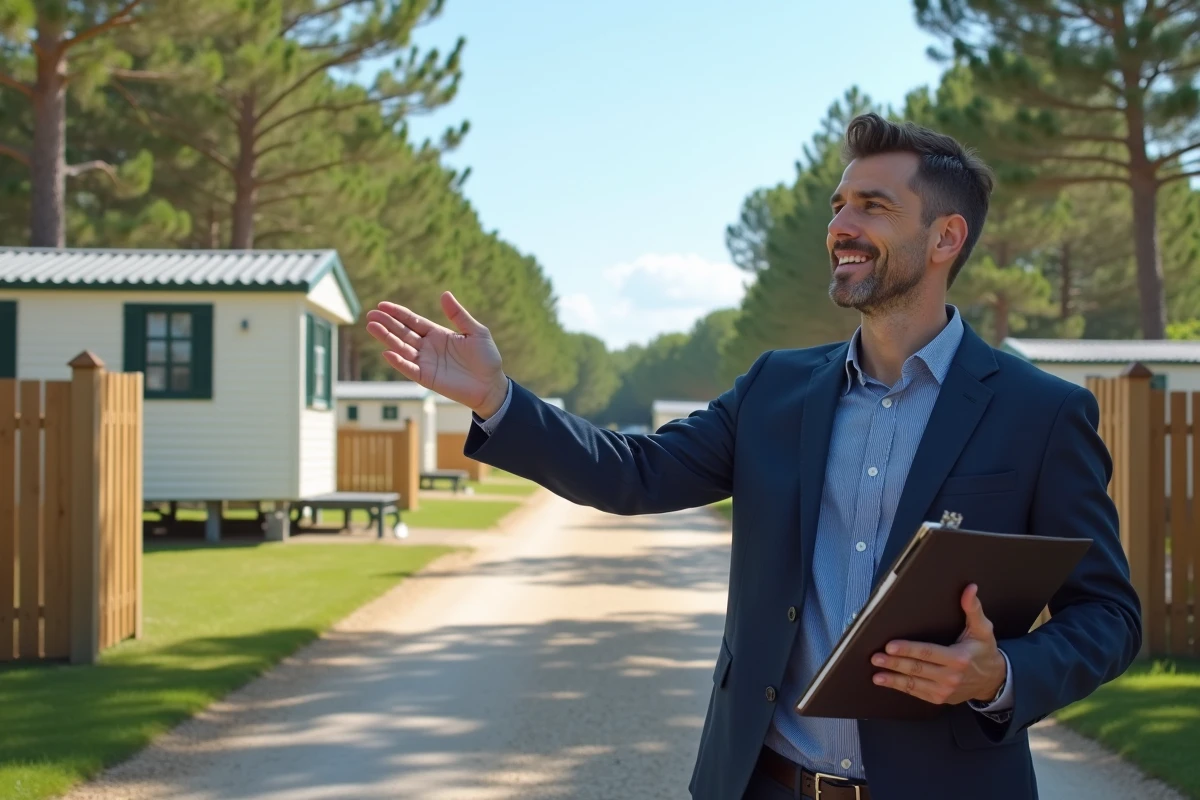 Agent immobilier présentant un camping à vendre à son entrée, avec bungalows et piscine visibles en arrière-plan
