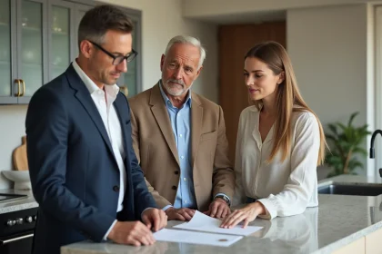 Agent immobilier en costume dans une cuisine moderne avec un couple
