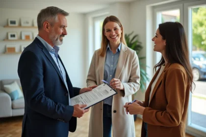Agent immobilier en costume bleu avec couple dans salon lumineux