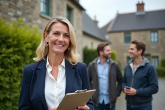 Agent immobilière présentant une maison en pierre bretonne à des clients à Guer dans le Morbihan