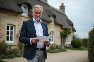 Agent immobilier devant une maison normande en pierre près de la mer, consultant des documents de vente en 2026