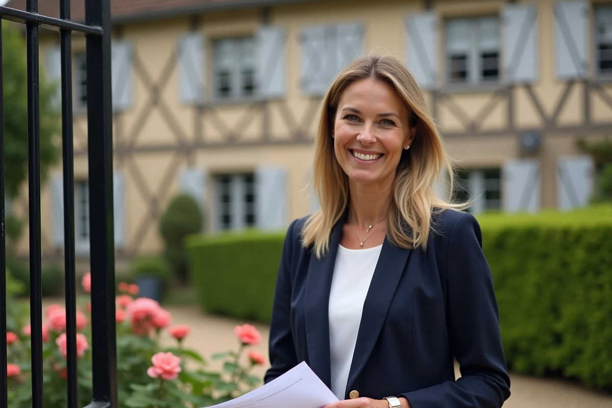 Agent immobilier présentant une maison normande avec jardin à vendre pas cher