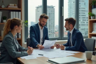 Agent immobilier expliquant un plan à un couple dans un bureau moderne