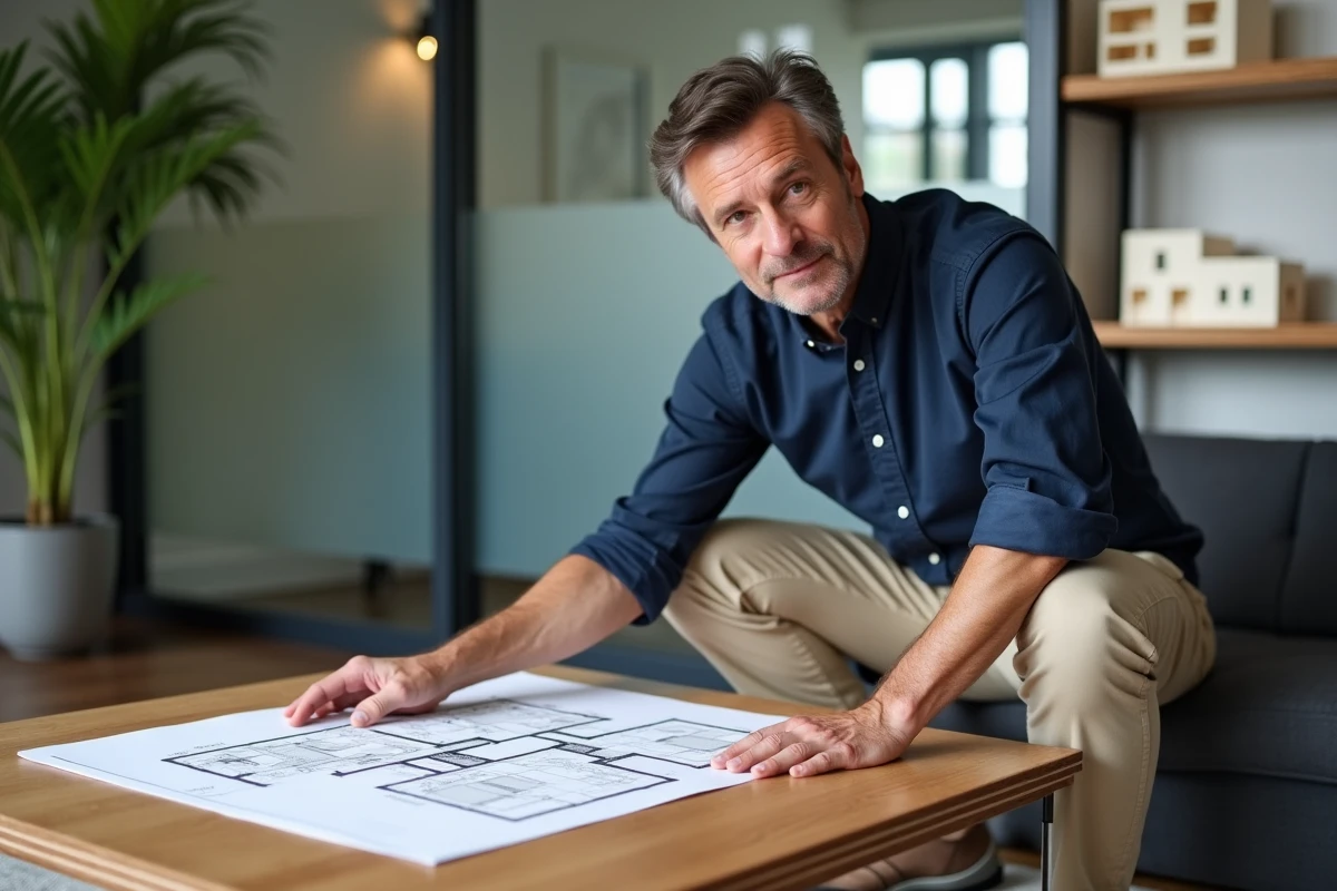 Agent immobilier expliquant la différence entre T1 et T1bis sur un plan posé sur une table basse
