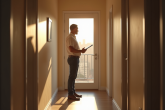 Agent immobilier devant une porte d appartement en visite
