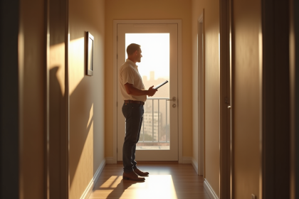 Agent immobilier devant une porte d appartement en visite