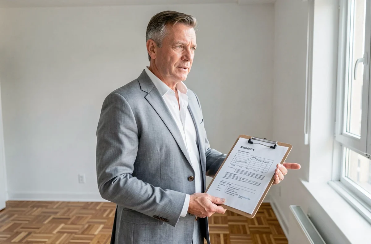 Agent immobilier effectuant une visite d'estimation dans un appartement vide, tenant un dossier d'évaluation du bien