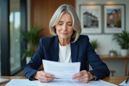 Agent immobilière vérifiant une lettre de garant pour une location en agence immobilière moderne