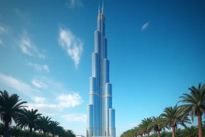 Vue en contre-plongée de l'Almas Tower à Dubaï dans le quartier Jumeirah Lakes Towers, gratte-ciel en verre et acier emblématique du JLT
