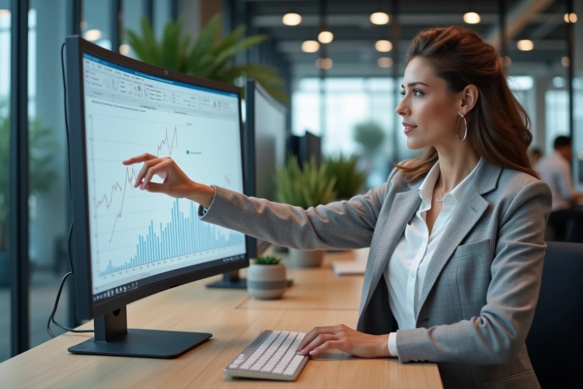 Femme analyste visualisant l'évolution de l'indice BT47 sur un écran d'ordinateur en open space