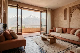 Salon d'appartement marocain moderne avec terrasse ouverte sur une vue panoramique sur les montagnes de l'Atlas enneigées à Marrakech