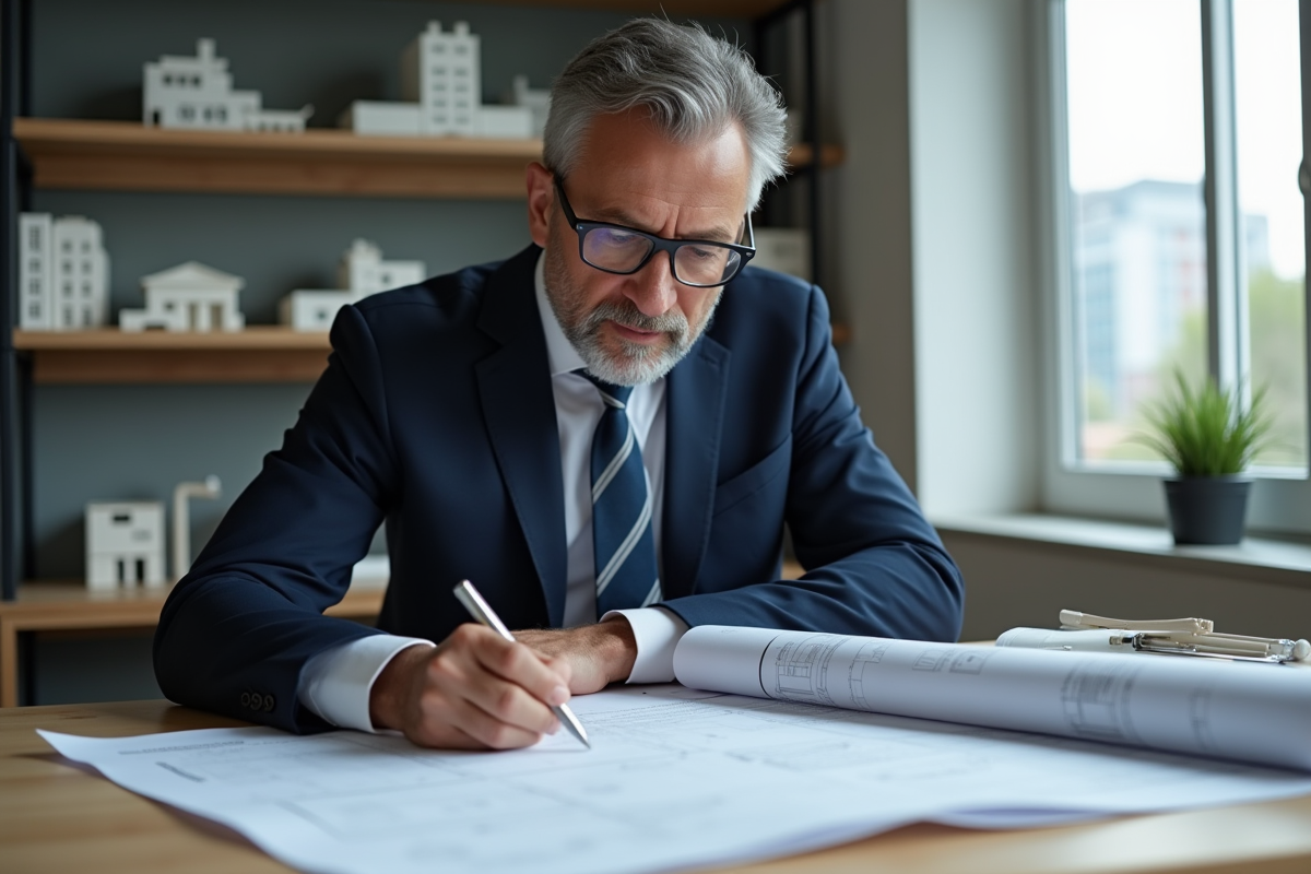 Architecte homme en costume bleu examine des plans dans un bureau moderne