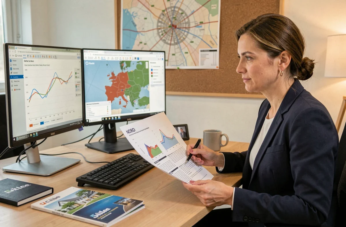 Consultante d'Arthur Loyd Lille analysant les tendances du marché de bureaux sur ordinateur avec des rapports et cartographies du territoire du Nord