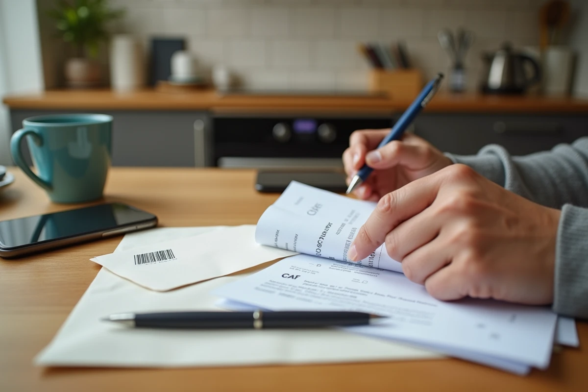 Mains tenant un avis de loyer et une enveloppe CAF sur une table de cuisine
