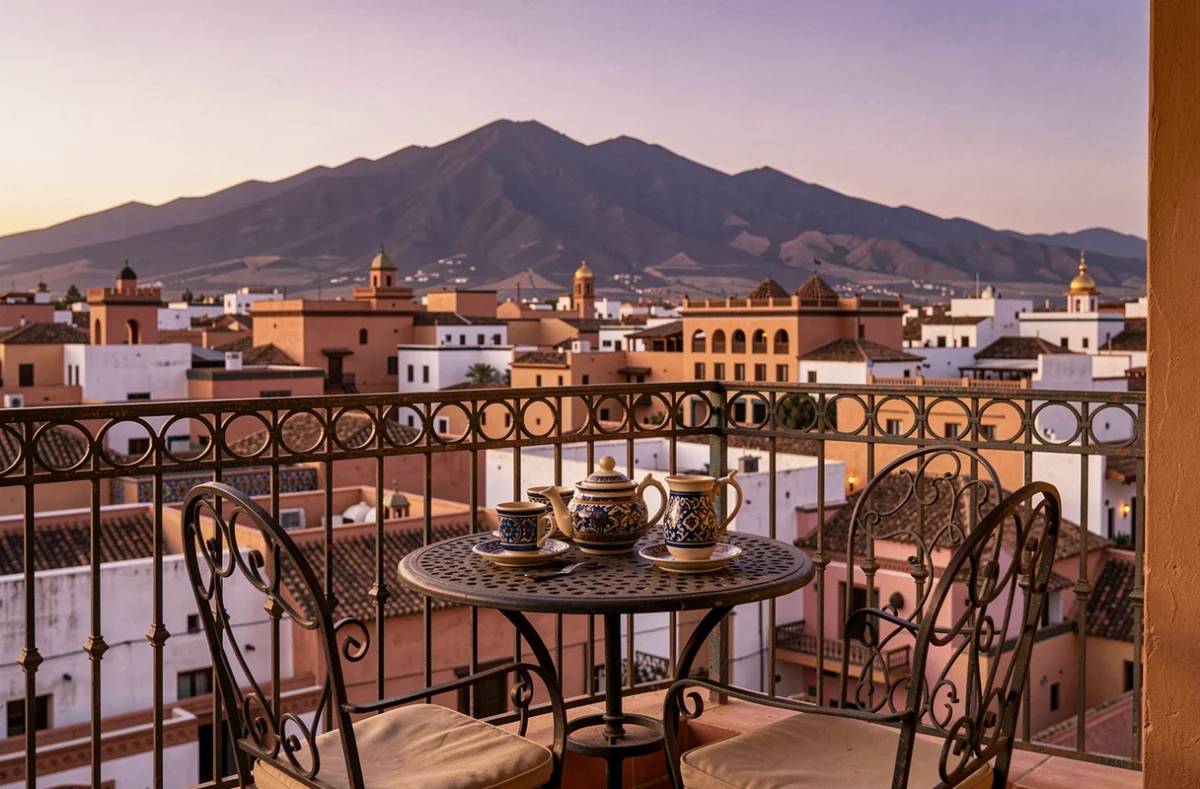 Balcon d'appartement de luxe à Marrakech avec service à thé marocain et vue sur la silhouette de l'Atlas au crépuscule