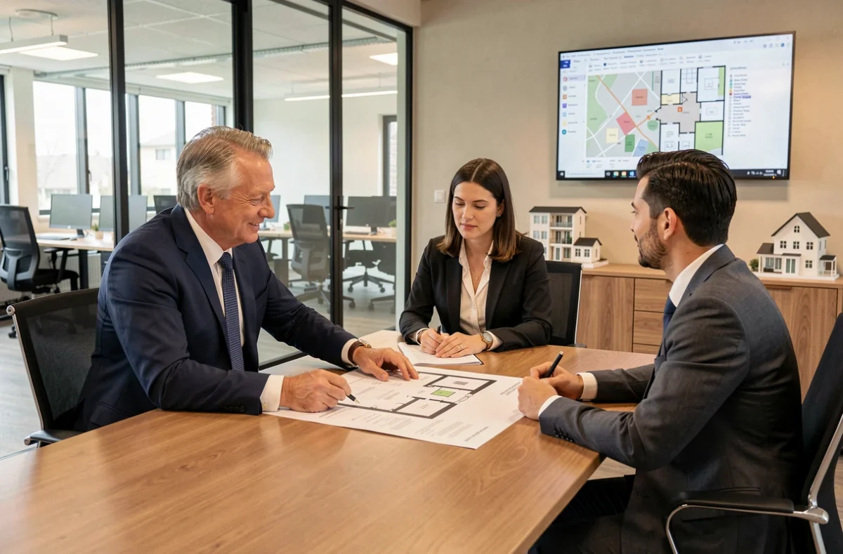 Réunion de conseil en location de bureaux chez BNP Paribas Real Estate Lille avec un conseiller présentant un portefeuille immobilier à des clients professionnels