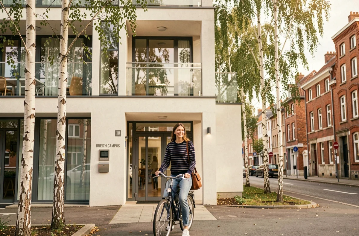 Entrée moderne de la résidence étudiante Breizh Campus à Rennes avec une étudiante et son vélo