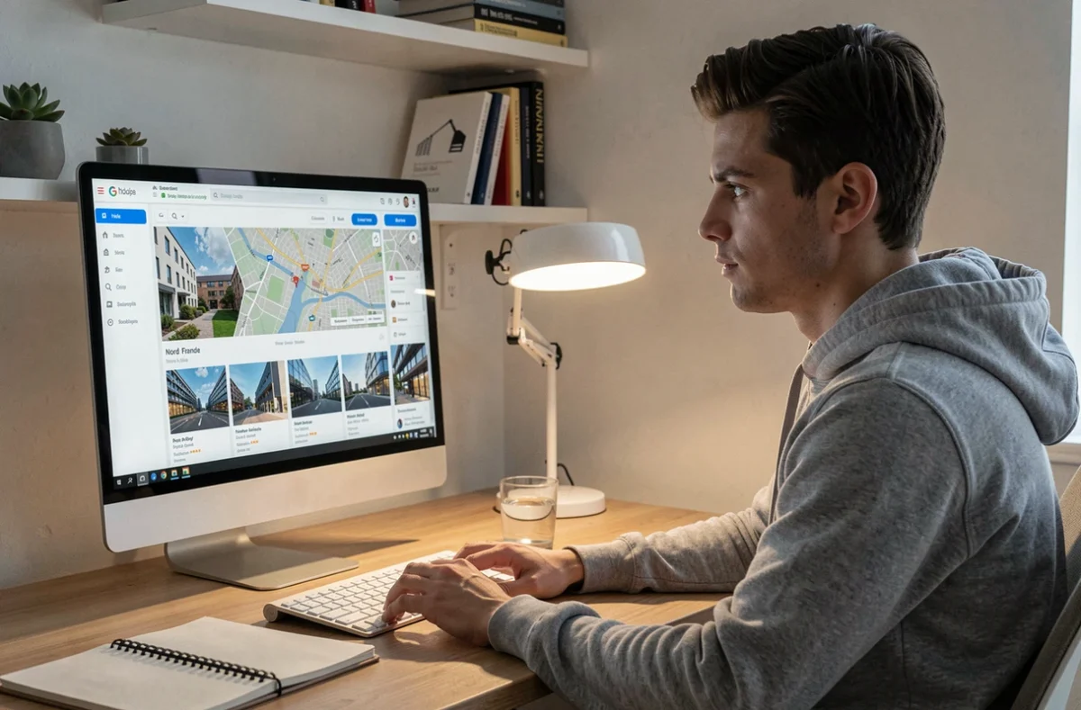 Jeune professionnel consultant BureauxLocaux.com sur ordinateur pour rechercher des annonces de location de bureaux dans le Nord de la France
