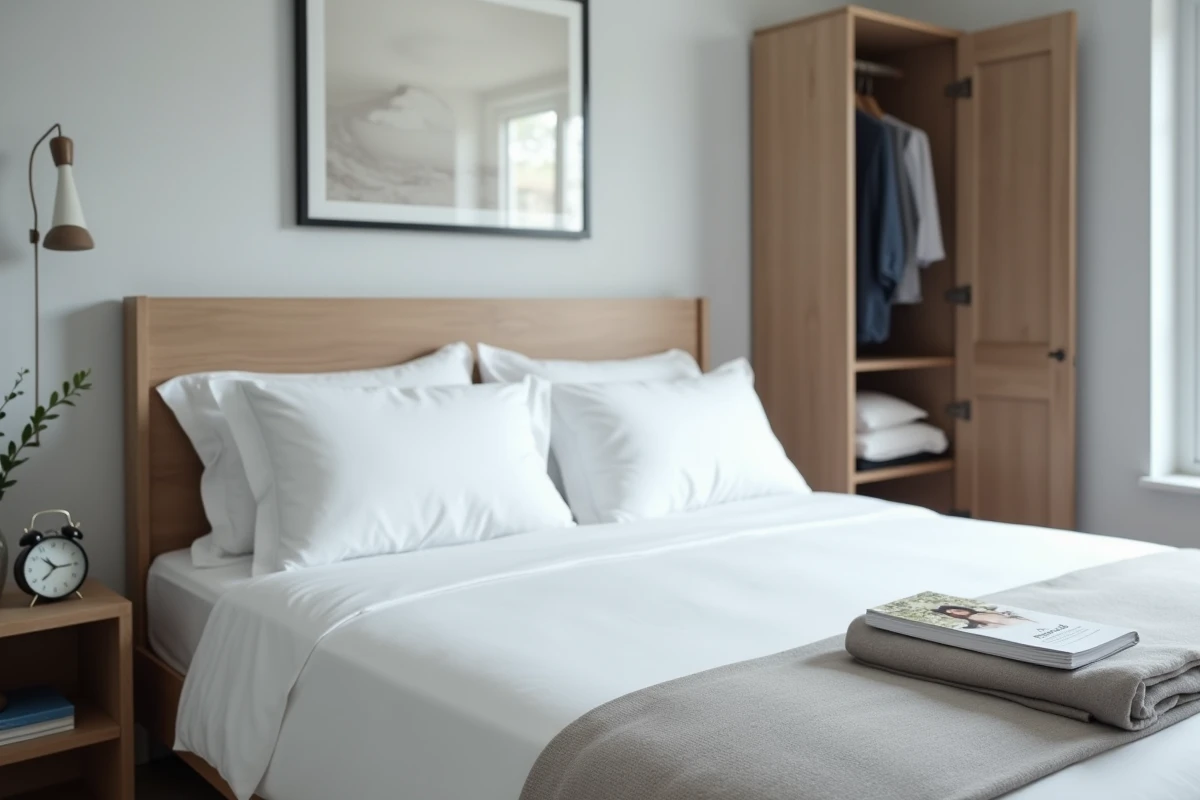 Chambre meublée avec literie complète et équipements essentiels pour une location courte durée