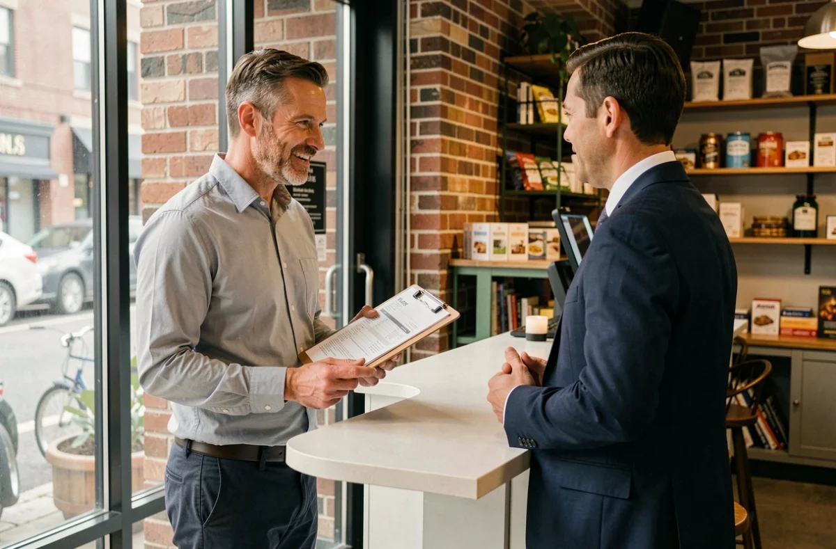 Chef d'entreprise et conseiller en assurance discutant du prix d'une assurance multirisque dans une petite boutique