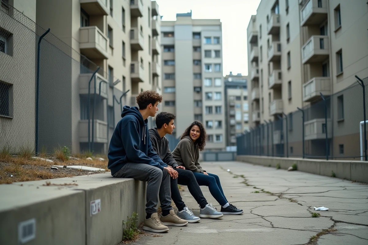 Cour intérieure d'une cité HLM dans le 3ème arrondissement de Marseille avec des jeunes résidents assis sur un muret en béton, ambiance urbaine authentique