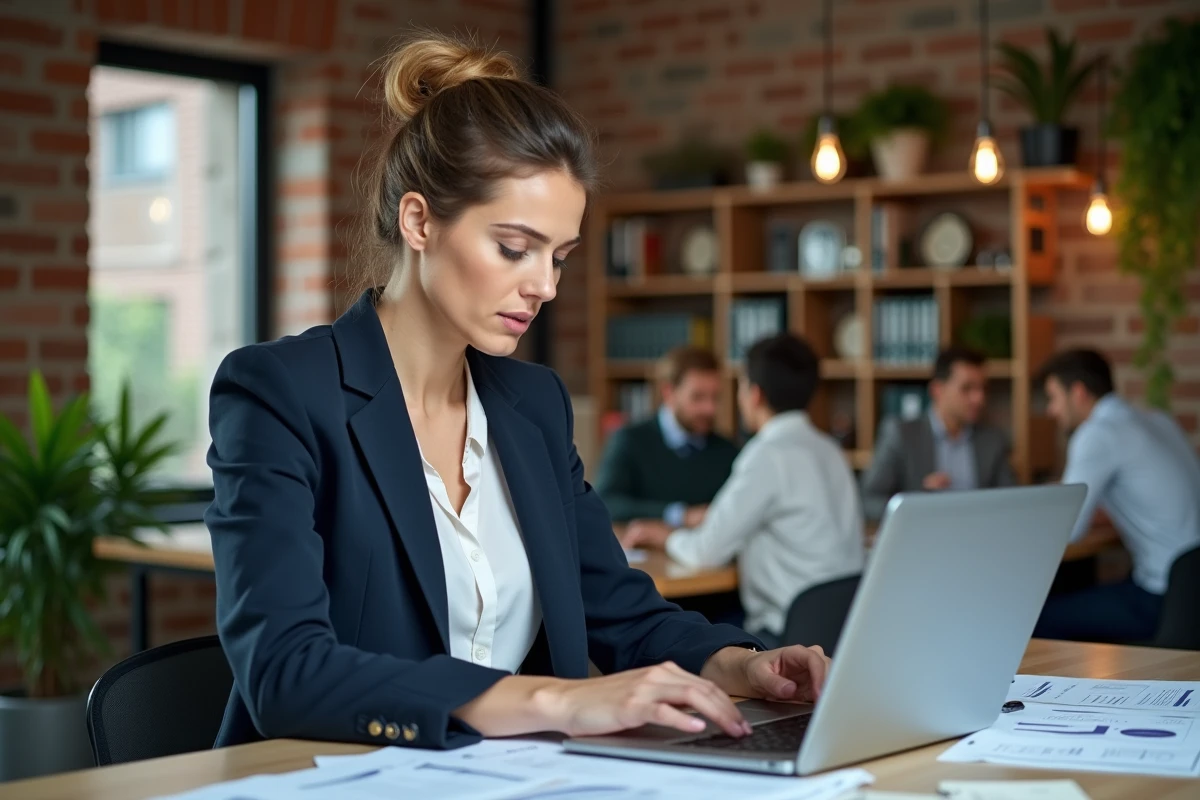Collaboratrice de Killahejlaszo Ltd travaillant dans un espace de bureau contemporain en open space avec une atmosphère professionnelle authentique