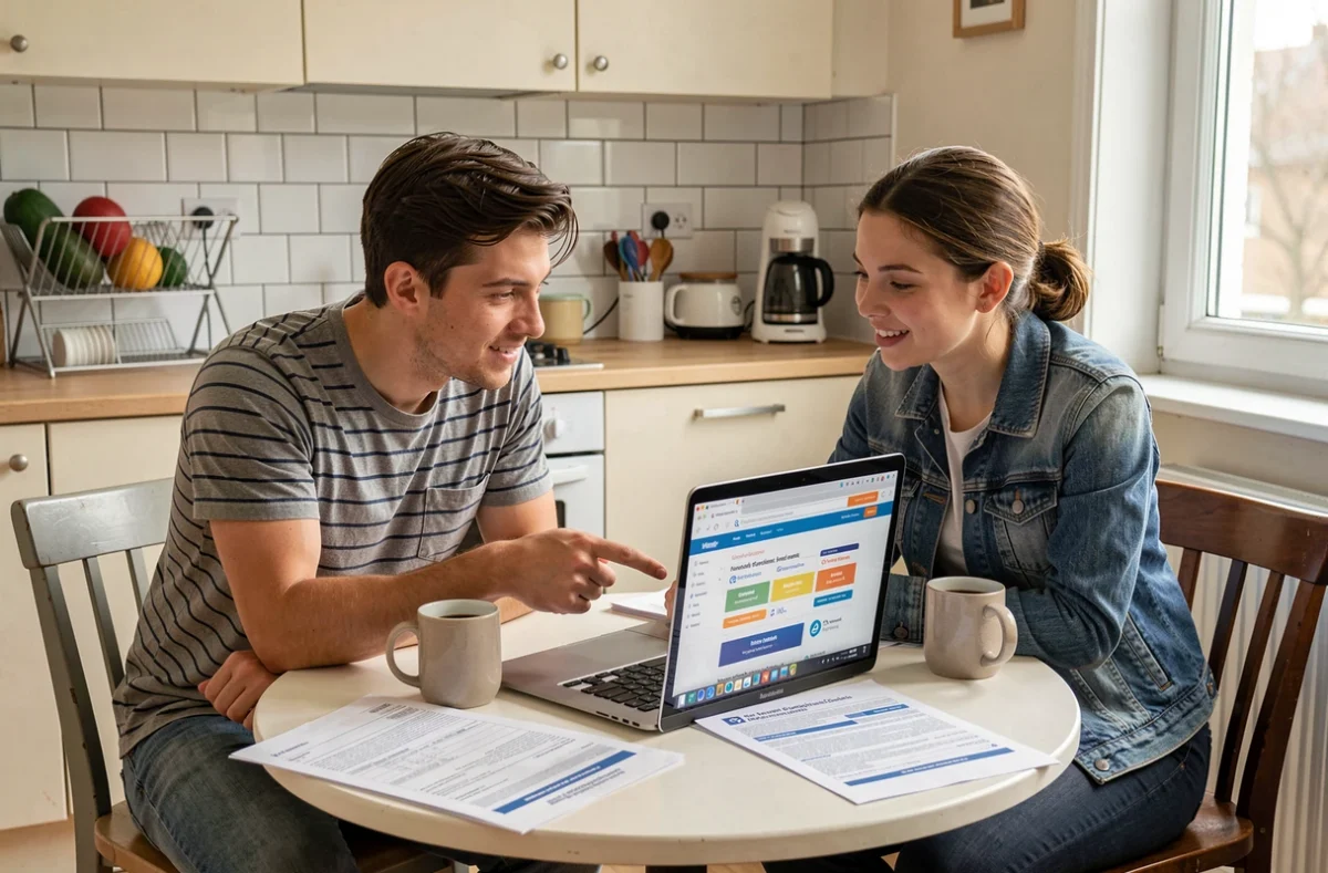 Deux colocataires étudiants comparant des assurances habitation ensemble dans leur cuisine