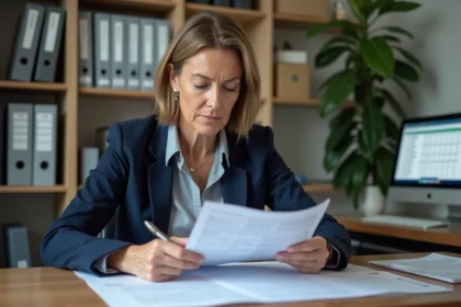 Une conseillère de commission d'attribution de logement examine attentivement un dossier de demande HLM dans un bureau administratif