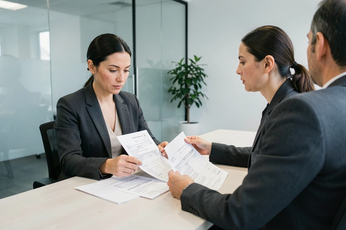 Femme en blazer vérifiant et comparant des documents de frais notariaux lors d'une réunion dans un cabinet moderne