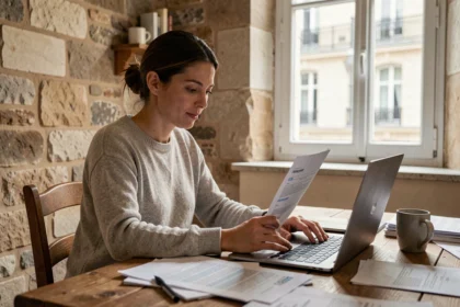 Femme comparant des offres d'assurance habitation pas cher sur son ordinateur dans un appartement parisien