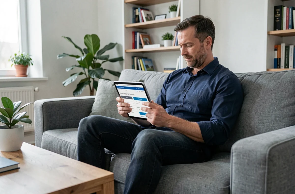 Homme comparant des offres d'assurance habitation sur une tablette dans un salon contemporain