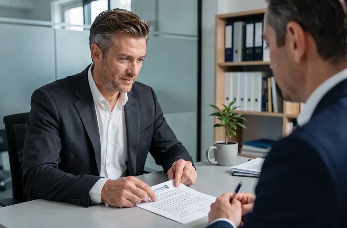 Conseiller en assurance expliquant un devis assurance habitation AGPM à un client dans un bureau professionnel
