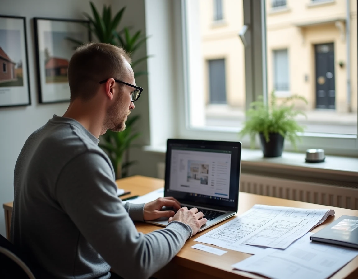 Conseiller immobilier consultant des annonces de location sur ordinateur dans une agence à Guer