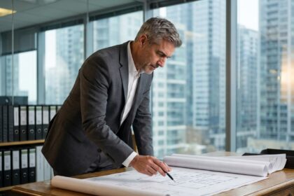 Conseiller en valorisation d'actifs immobiliers examinant des plans architecturaux dans un bureau professionnel moderne