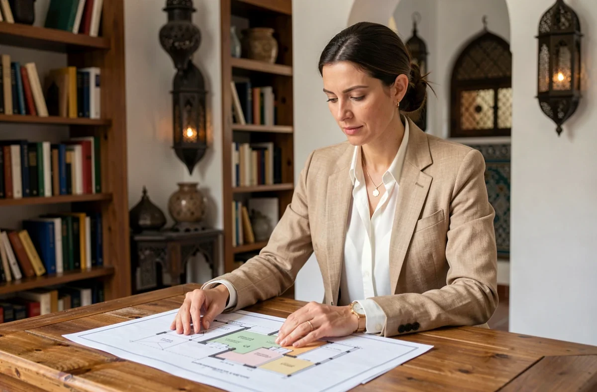 Consultante immobilière étudiant des plans de riad rénové à Marrakech, symbolisant l'investissement et le conseil expert en immobilier marocain