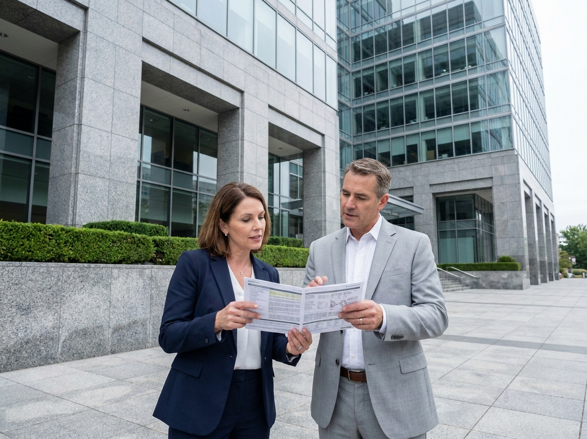 Deux consultants immobiliers professionnels discutant d'un rapport d'évaluation devant un immeuble de bureaux commercial