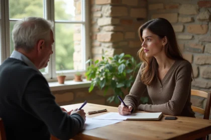 Femme discutant avec le propriétaire dans un salon chaleureux