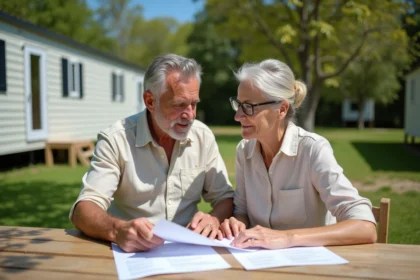 Couple de propriétaires examinant un contrat de location LMNP pour leur mobil home dans un parc de camping