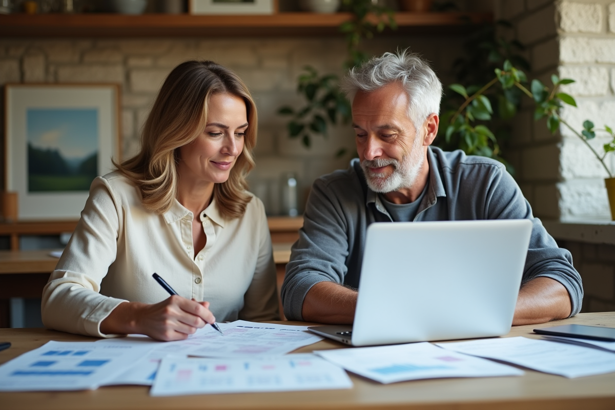 Couple français à la maison examine des documents financiers