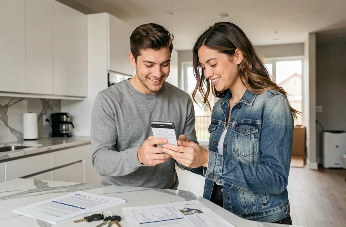 Couple finalisant la souscription d'une assurance habitation en ligne sur smartphone dans leur nouvel appartement