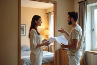 Jeune couple examinant une petite chambre dans un appartement T2 en envisageant un agrandissement de la famille