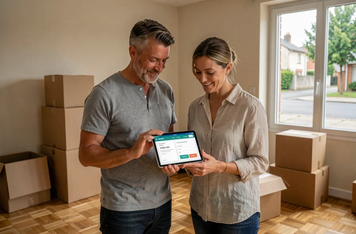 Couple de propriétaires comparant des devis d'assurance habitation sur une tablette dans leur nouveau logement