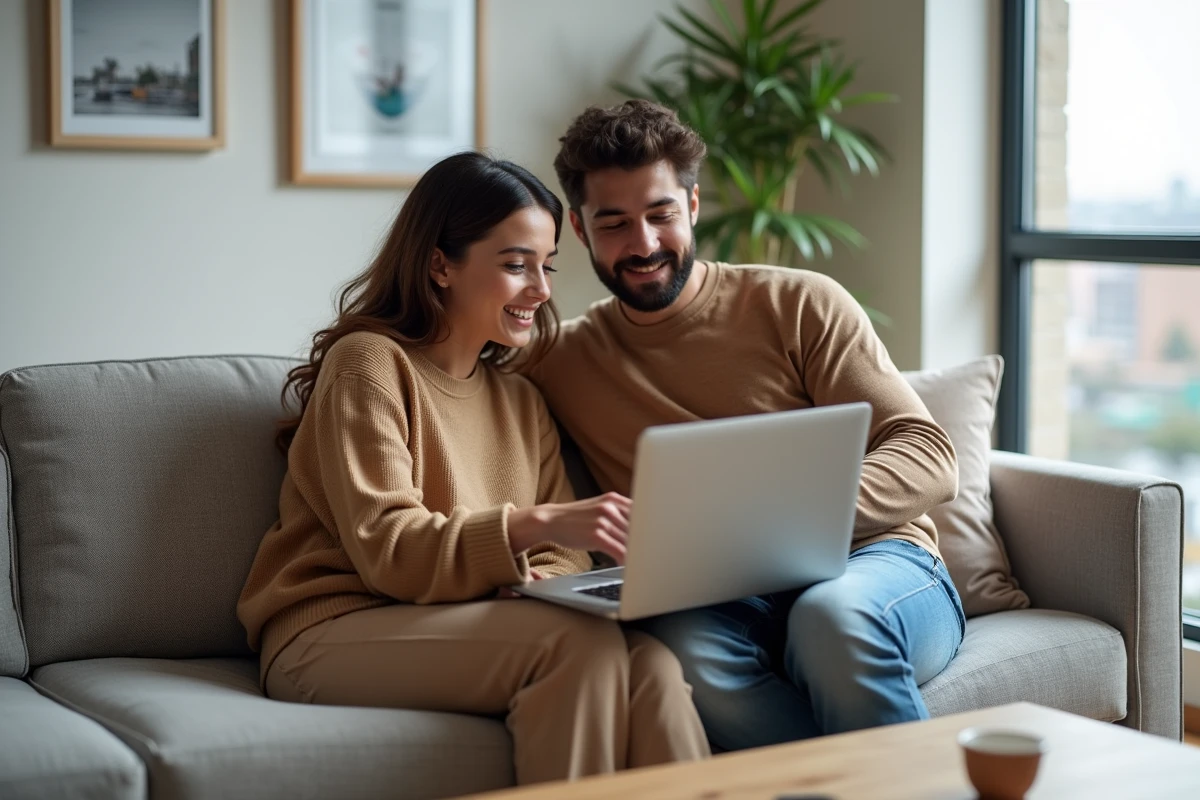 Couple consultant ensemble l'espace client MyFoncia sur un ordinateur dans leur salon
