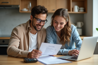 Couple souriant discutant de documents immobiliers à la maison